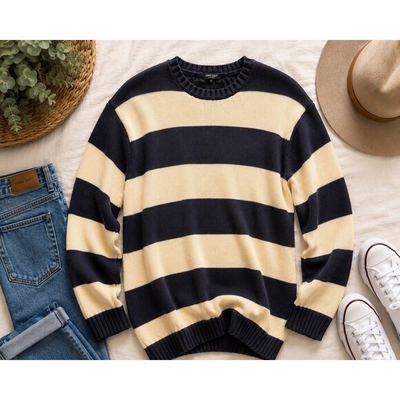 Brandy Melville Sweaters - John Galt Striped Knit Sweater Women’s XL Oversized Cream Navy Pullover Crewneck
